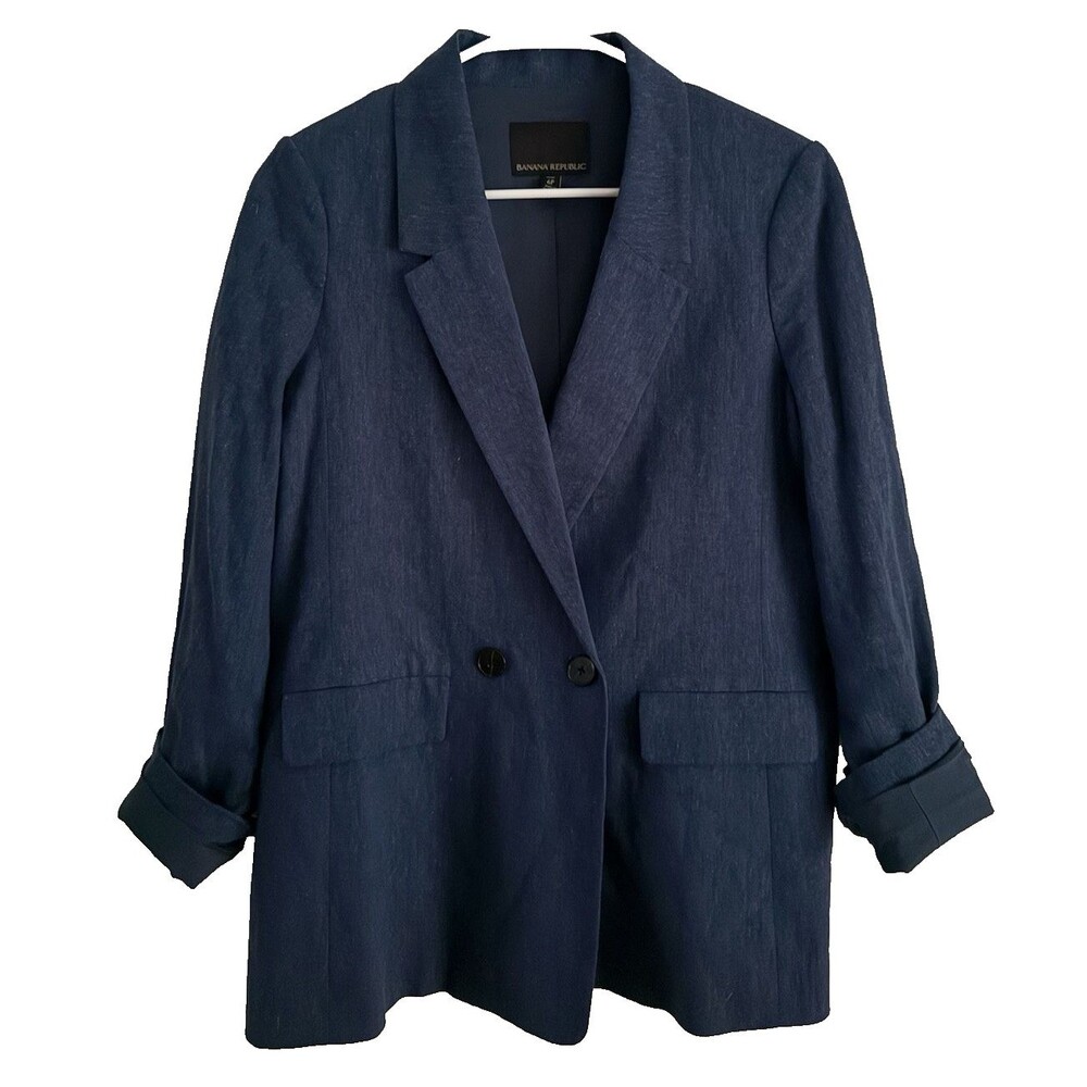 Banana Republic Linen Double Breasted Two Buttons Blazer Women Size 6 P Blue